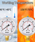 Pair of BPSSDI glycerin-filled low-pressure gauges, 2.5-inch dial, 0-60 psi, 1/4 in NPT lower mount, steel case.