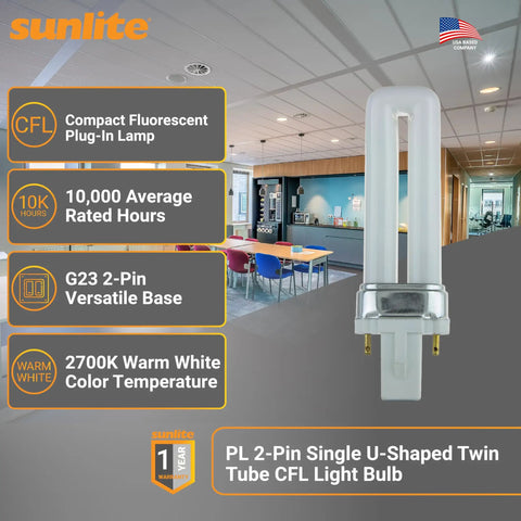 U Shaped Plug In Fluorescent Lamp 7 Watt 360 Lumens 2700K Soft White Two Pin Base G23 Compact Lighting 10 Pack Easy Install
