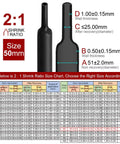 2 To 1 Ratio Heat Shrink Tubing 50mm Black Polyolefin Sleeving Roll size chart and measurements, UL Listed 600V