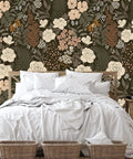 Bedroom with Peel And Stick Floral Wallpaper Removable Mural With Vintage Rose Leaf Pattern In Black Brown And Beige Easy No Mess Install Renters Friendly Vinyl Wall Covering 17.7 Inch By 9.8 Foot