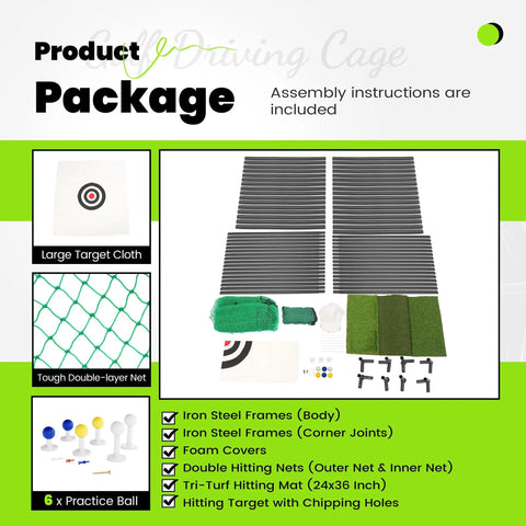 Golf Practice Cage With Steel Frame 10x10x10ft Driving Net parts display, including mesh net, target cloth, and frame components.
