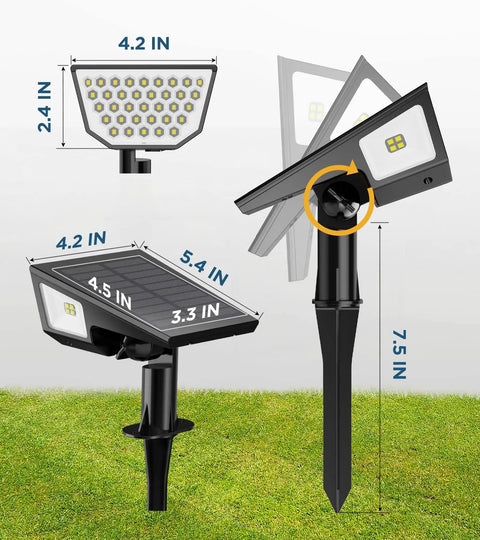 2 Pack Super Bright Solar Spot Lights Outdoor For Your Lit Yard And Pathway 47 LEDs showing light head dimensions and angles