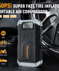 All In One 5000A Jump Starter With Air Compressor And 150 PSI Tire Inflator Portable 12V Jump Box beside car wheel