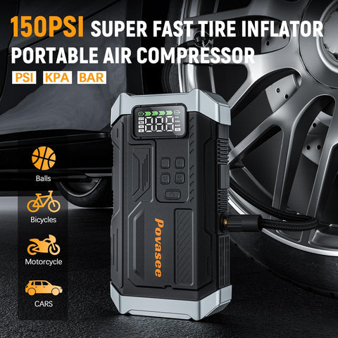 All In One 5000A Jump Starter With Air Compressor And 150 PSI Tire Inflator Portable 12V Jump Box beside car wheel