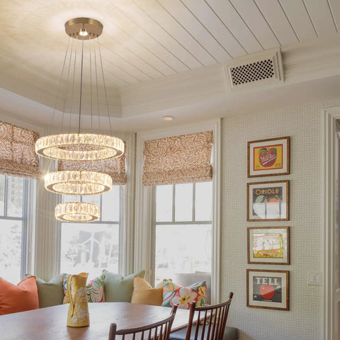 Dimmable Dope Modern LED Chandelier With Three Ring Pendant Lights, Crystal Rings in dining room, adjustable height, 3 color temps.