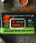 Front view of Crocodile Cloth Grill wipes package, 80-count, plant-based pre-moistened cleaning cloths, Amazon.