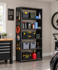 Heavy Duty Five Tier Storage Shelves With Sturdy Built In Pegboard Backing And A Serious Heavy Hitter Garage Shelving System That Moves Big Boxes Without Breaking A Sweat At All, organized with tools and bins.