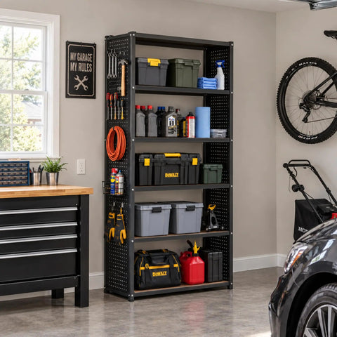 Heavy Duty Five Tier Storage Shelves With Sturdy Built In Pegboard Backing And A Serious Heavy Hitter Garage Shelving System That Moves Big Boxes Without Breaking A Sweat At All, organized with tools and bins.