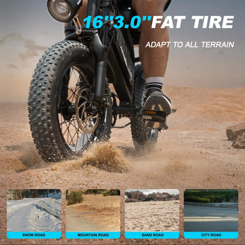 Go To All Terrain Fat Tire Electric Bike For Teens And Adults With 16 Inch Wheel riding on sand terrain