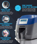Hella Fast Dual Side ID Card Printer For Tough PVC Badges Staff IDs Class Passes And Membership Tags features easy-to-use software and auto feed.