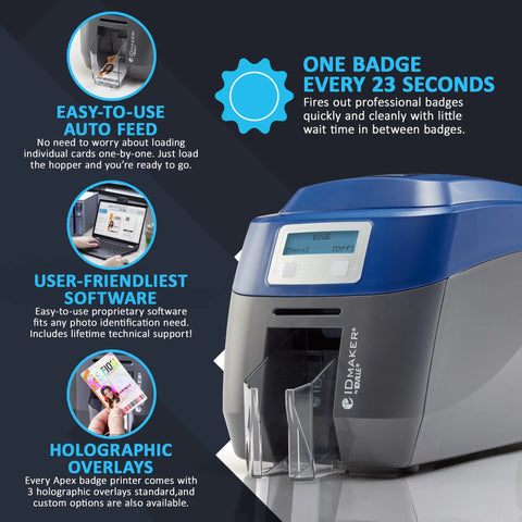 Hella Fast Dual Side ID Card Printer For Tough PVC Badges Staff IDs Class Passes And Membership Tags features easy-to-use software and auto feed.