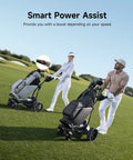 Smart Follow Me Electric Golf Cart With Wireless Remote and Rugged All Terrain Wheels Powered By A Beefy Thirty Six Hole Battery assisting golfers on a course.