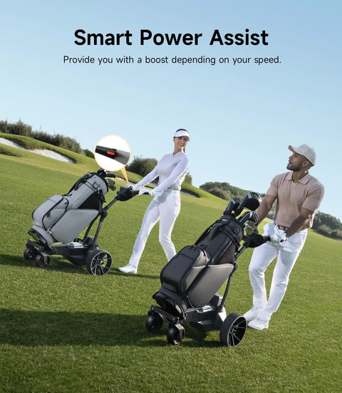 Smart Follow Me Electric Golf Cart With Wireless Remote and Rugged All Terrain Wheels Powered By A Beefy Thirty Six Hole Battery assisting golfers on a course.