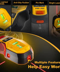 2-In-1 Rechargeable Cross Line Laser Level With Magnetic Stud Finder showing LED vials, anti-slip rubber, and pin mark