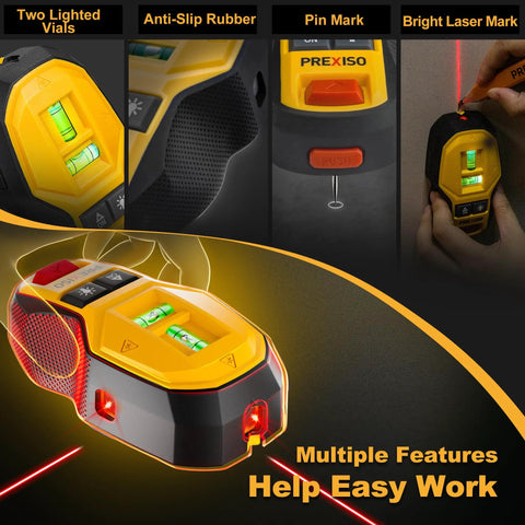 2-In-1 Rechargeable Cross Line Laser Level With Magnetic Stud Finder showing LED vials, anti-slip rubber, and pin mark