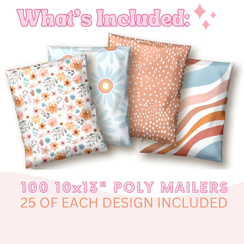 Boho Poly Mailers 10x13 Inch 100 Pack Bundle For Small Businesses And Boutiques Durable Lightweight Shipping Envelopes Cute Designs