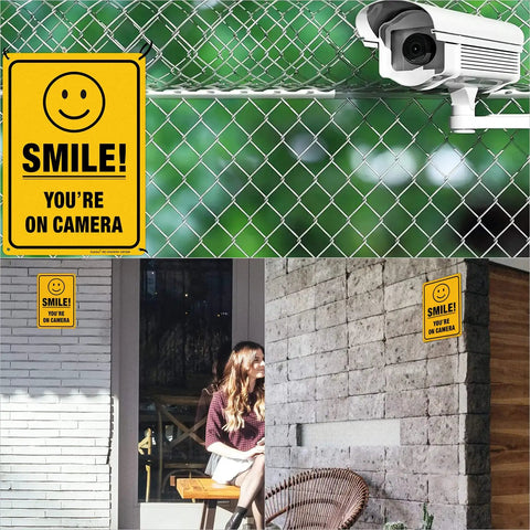 Two Pack Smile You're On Camera Video Surveillance Sign For Home And Business 10 X 7 Inch Heavy Duty 0.040 Inch Aluminum Indoor