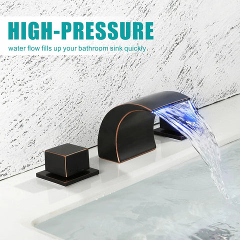 Waterfall LED Bathroom Faucet In Oil Rubbed Bronze, 8 Inch Widespread Vanity Sink Faucet With Two Handles, 3 Hole Installation