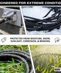 Built Tough Outdoor Extension Cord 50 Ft 12 Gauge 3 Wire SJTOW coiled in snow, connected to exterior outlet, surrounded by grass