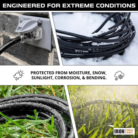 Built Tough Outdoor Extension Cord 50 Ft 12 Gauge 3 Wire SJTOW coiled in snow, connected to exterior outlet, surrounded by grass