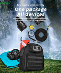 Tankless Underwater Breathing System With Rechargeable Waterproof Air Compressor And Regulator, Surface-Supplied Dive Ventilator For 60-70 Minute Air Time At 9 Meter Depth, Red Freediving And Snorkeling Gear For Serious Ocean Lovers shown with accessories in front of waterfall background.