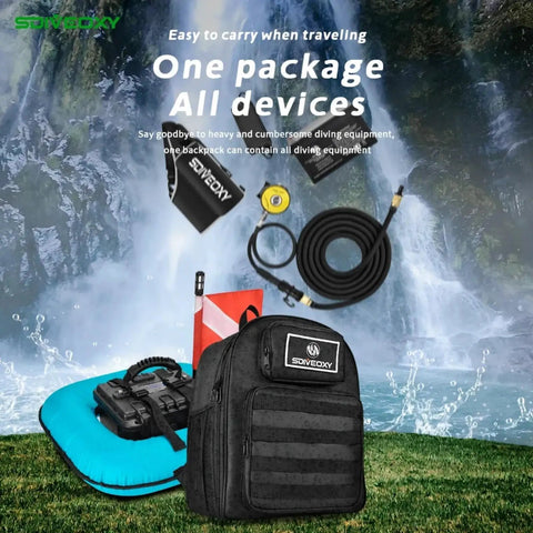 Tankless Underwater Breathing System With Rechargeable Waterproof Air Compressor And Regulator, Surface-Supplied Dive Ventilator For 60-70 Minute Air Time At 9 Meter Depth, Red Freediving And Snorkeling Gear For Serious Ocean Lovers shown with accessories in front of waterfall background.