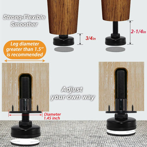 Heavy Duty Furniture Leveling Feet Adjustable Levelers For Desks Chairs Cabinets Dressers And Benches Screw On Round T Nut Kit Three Eighths Inch Sixteen Thread Four Pack Black, side view with adjustable height and non-slip pad.
