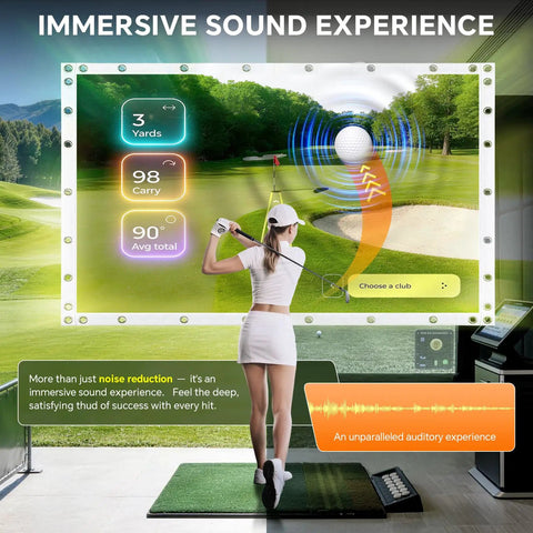 Woman using Golf Simulator Impact Screen For Home And Garage Training with immersive sound effect on indoor practice setup