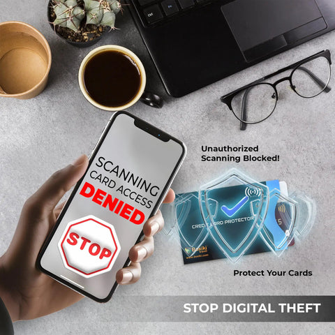 Person holding phone displaying scanning card access denied message near Travel RFID Blocking Card Sleeves Set Of 12 With Color Coded Envelopes For Identity Theft Protection And Credit Card Security Navy Blue Slim And Lightweight For Easy Stacking In Your Wallet Or Travel Organizer While Keeping Your Personal Data Safe, next to glasses and coffee on a desk.
