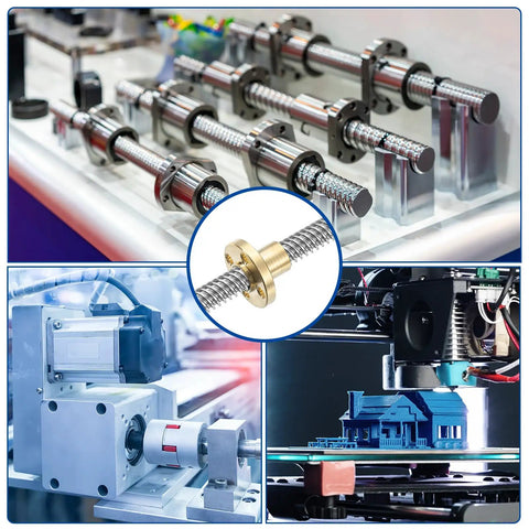 Two Pack 150mm TR8x8 Lead Screws With Brass Nut for 3D Printer Upgrade, shown installed and in precision machinery.