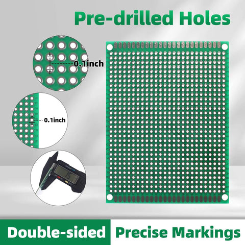 Image showing a double-sided PCB board with 0.1 inch pre-drilled holes, part of the All In One PCB Prototyping Kit With 31 Double Sided Boards In Five Sizes, 140 Jumper Wires, Tweezers, And 40 Pin 2.54mm Header Connectors For Arduino Projects And DIY Electronics.