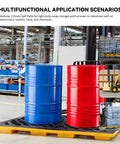 Modular 2-Barrel Leach Control Platform Spill Containment with Grating and Forklift Pockets shown with blue and red drums