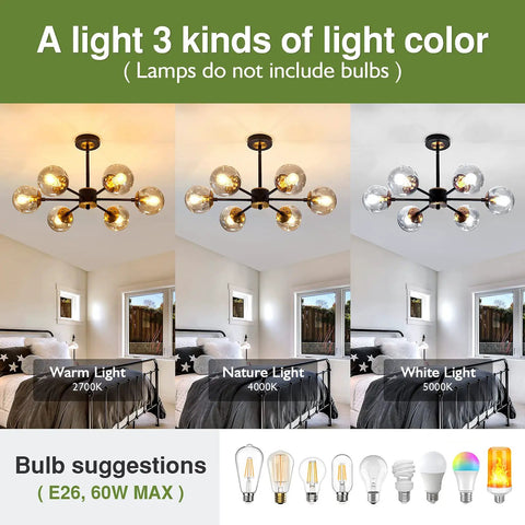 Lit Six Light Black Glass Globe Chandelier For Living Room And Kitchen Island with three light color settings in a bedroom.