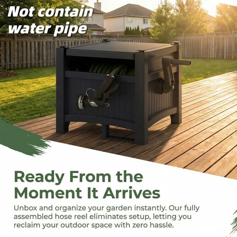 100 Ft Hose Reel Storage Box With Water Hose Holder, black resin garden reel, mountable outdoor organizer on wooden deck, no assembly needed