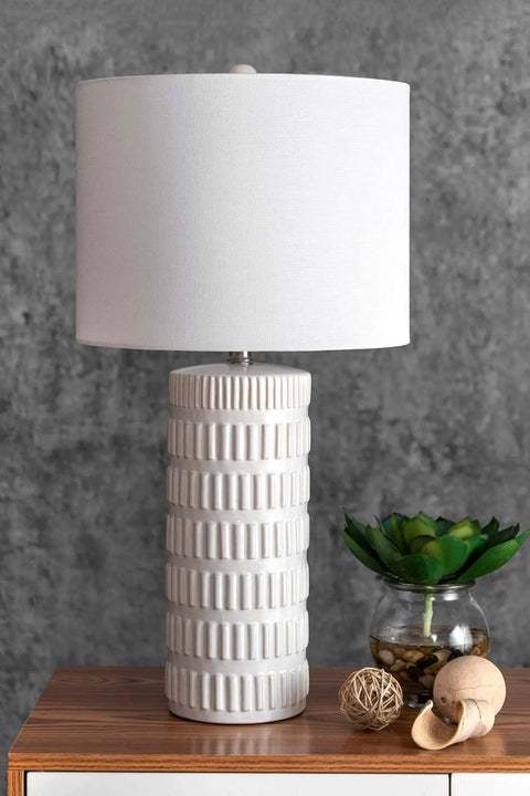 Franklin 25 Inch Ceramic Table Lamp With Linen Shade For End Tables And Living Rooms showcased on a wooden table.