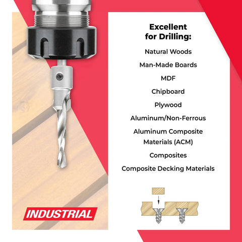 Heavy Duty Carbide Tipped Shankless Countersink Drill Bit Designed For Swift Cut Throughs And Spot On Flush Screw Setups In Raw Wood Plywood Mdf Chipboard And Light Aluminum Panel Workpieces on a red background.