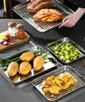 18 Inch Stainless Steel Baking Sheets Set Of 2, Commercial Grade Bakeware, shown with food items and non-toxic mirror finish