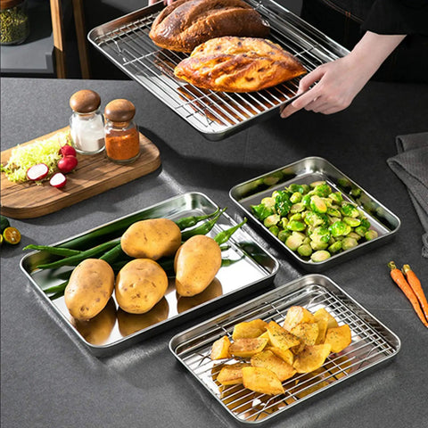 18 Inch Stainless Steel Baking Sheets Set Of 2, Commercial Grade Bakeware, shown with food items and non-toxic mirror finish