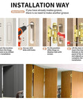 Installation guide for Rock Solid Heavy Duty 6 Inch Hidden Door Hinge with images showing drilling and fitting steps.