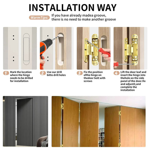 Installation guide for Rock Solid Heavy Duty 6 Inch Hidden Door Hinge with images showing drilling and fitting steps.