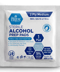 Alcohol Prep Pads 70 Percent Isopropyl, 2-Ply Sterile, Individually Wrapped, 200 Count Go-To First Aid Pack For Wound Cleaning, Skin Preparation, Injections, Medical Use. Single pad packet front view.