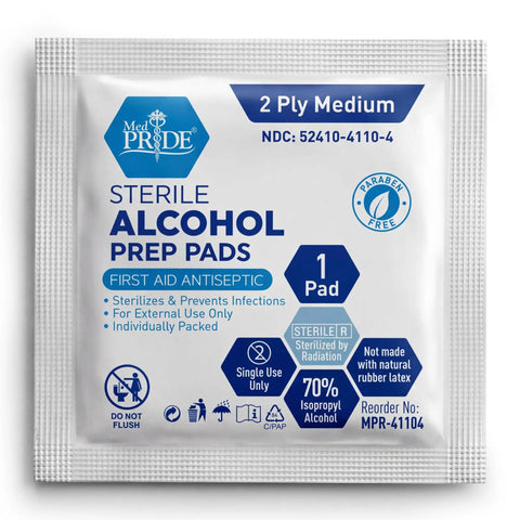 Alcohol Prep Pads 70 Percent Isopropyl, 2-Ply Sterile, Individually Wrapped, 200 Count Go-To First Aid Pack For Wound Cleaning, Skin Preparation, Injections, Medical Use. Single pad packet front view.