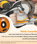 Side view of rechargeable miter saw laser guide, black with orange accents, mounted on a sliding compound miter saw.