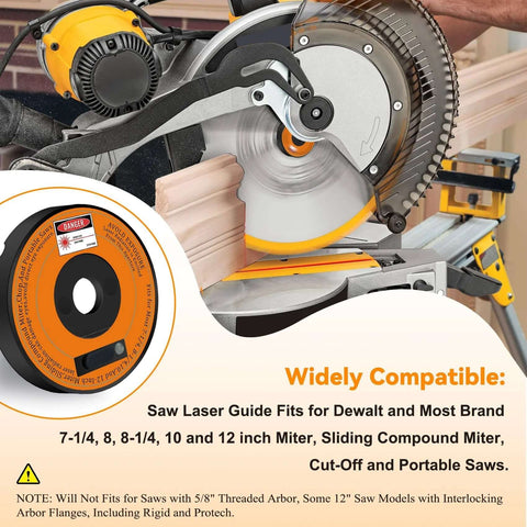 Side view of rechargeable miter saw laser guide, black with orange accents, mounted on a sliding compound miter saw.