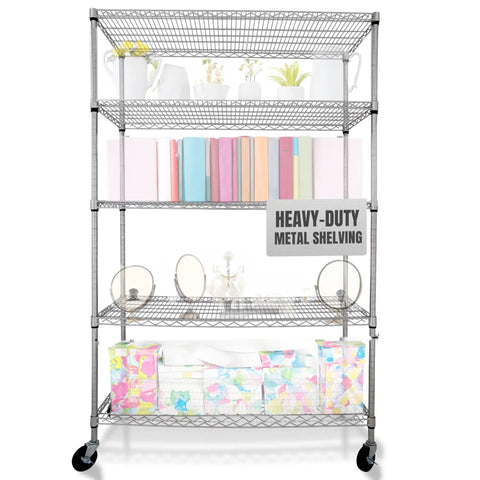 Beefy 4000 Lbs Heavy Duty Wire Rack With Five Tier Design On Wheels 48 By 18 By 76 Inches NSF Commercial Chrome Shelving unit