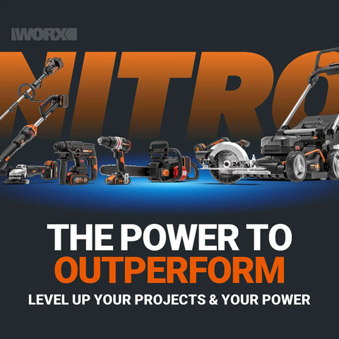 Various Worx power tools displayed, including drills and lawn equipment, showcasing Compact 20V Cordless Brushless Drill Driver Packing 60Nm Of Serious Muscle And A Smooth 13mm Keyless Chuck Dual Speed Electric Screw Gun Ready To Nail Your Next Build Total Knockout Body Only.