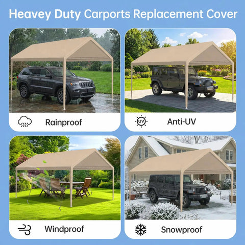 10x20 Ft Carport Replacement Canopy Top 800D Oxford Heavy Duty Waterproof Tarp Cover With 36 Ball Bungees and UV Protection