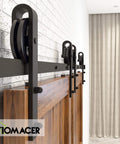 Side view of Black Rustic Non Bypass Sliding Barn Door Hardware Kit For Two Doors 12 Foot Flat Track With Spoke Wheel Rollers Heavy Duty