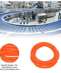 Round Polyurethane Belt 3mm Diameter, 10ft Length, Smooth Surface, Orange Drive Transmission Belt shown on a conveyor system