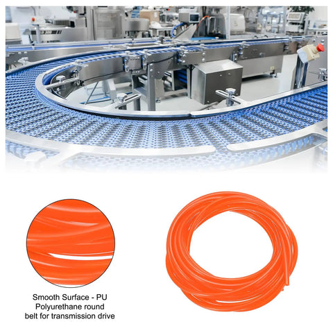 Round Polyurethane Belt 3mm Diameter, 10ft Length, Smooth Surface, Orange Drive Transmission Belt shown on a conveyor system